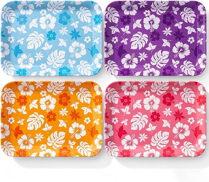 4 Pieces Tropical Serving Trays Hibiscus Floral Melamine Platters Reusable by Tiangrid