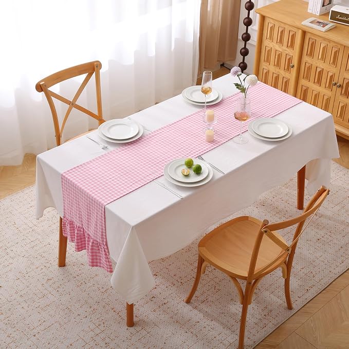 Pink White Plaid Gingham Ruffle Table Runner 90 inches Long 100% Washed Cotton - Image 2
