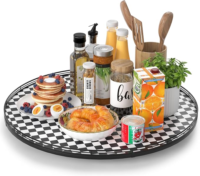 AMH 24-Inch Black and White Checkerboard Lazy Susan Decorative Tray | Smooth by AMH