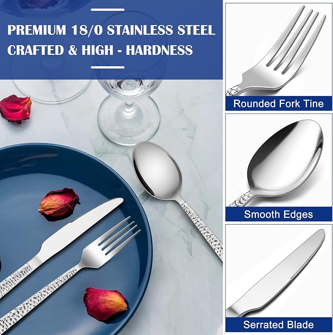 E-far 24-Piece Hammered Silverware Set, Stainless Steel Flatware Set - Image 3