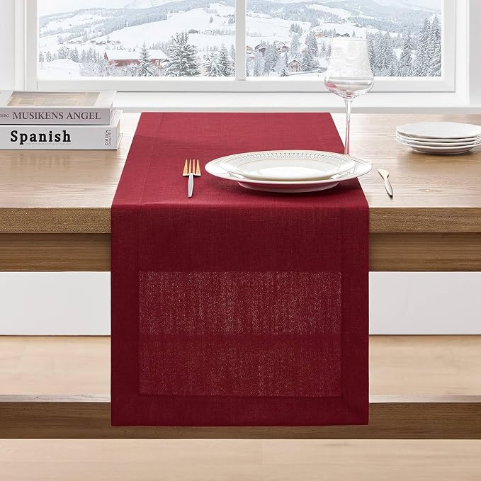 Linen Textured Border Table Runner, 14 x 90 Inch Red | Mitered Corner Design by ZEEMARTONLINE