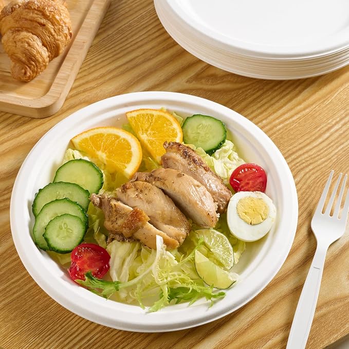 Vplus 500 Pack Compostable Bagasse Paper Plates 9 inch, 100% Bagasse, Natural - Image 2