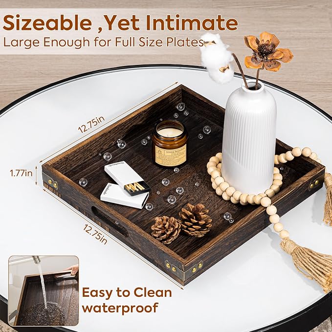 Serving Tray with Handles, Wood Decorative Tray, Square Large Serving Platter | - Image 2