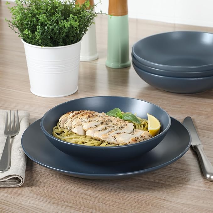 Gibson Home Queenslane 16-Piece Matte Blue Stoneware Dinnerware Set – Double - Image 5