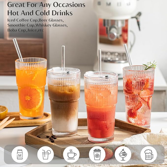 INSETLAN 8-Piece Glassware Set – 20 oz Ribbed Glass Tumblers - Image 8