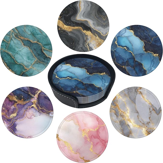 Marble Coasters Leather Round Drink Coasters 6 Pcs Set by Yopiiefa