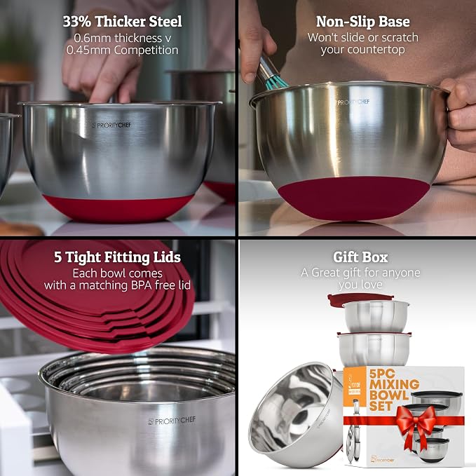 Premium Mixing Bowls With Airtight Lids Set, Thicker Stainless Steel Mixing - Image 2
