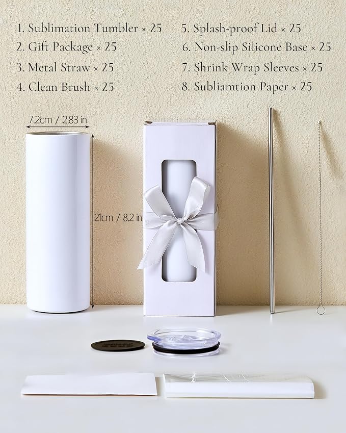 25 Pack 20oz Sublimation Tumbler Blanks Skinny Straight in Bulk | Stainless - Image 2