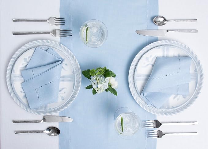Solino Home 100% Linen Table Runner Sky Blue, Classic Hemstitch 14 x 144 in | - Image 3