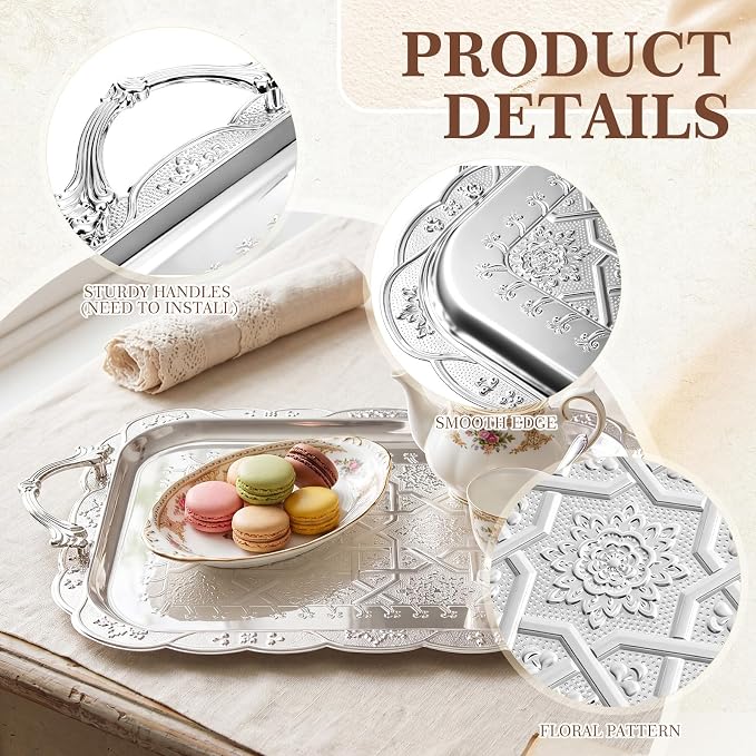 4 Pack Serving Tray with Handles 15.2 x 12.2 Inch Large Metal Plate Floral - Image 7