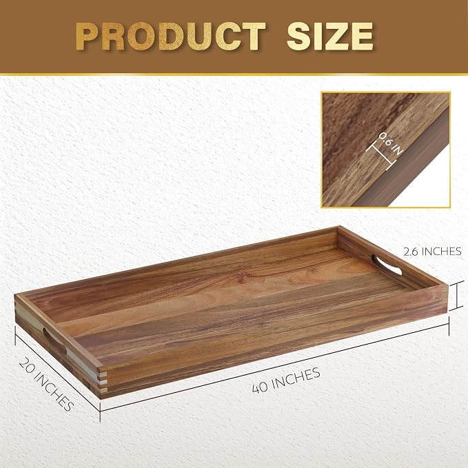 Extra Large Ottoman Tray, 40 x 20 inches Acacia Wood Serving Tray | Rectangle - Image 2