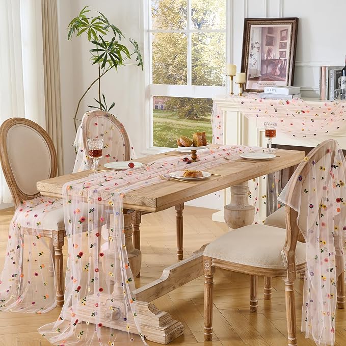 BINBE 3pcs Pink Daisy Spring Table Runner Embroidery Gauze 10FT Florals - Image 6