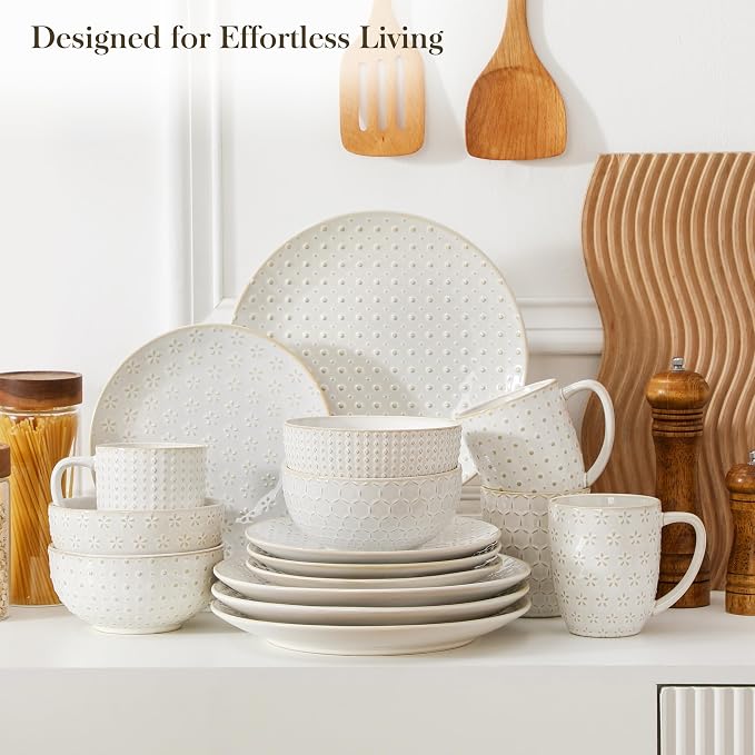MALACASA 16 Pieces Dinnerware Set, Farmhouse Style Stoneware Plates and Bowls - Image 8