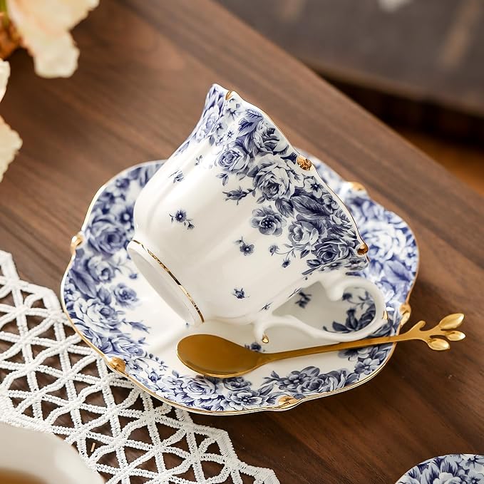 TATSUMI Country Roses Bone China Tea Cup and Saucer Set, 6 Pieces, Vintage Style - Image 6