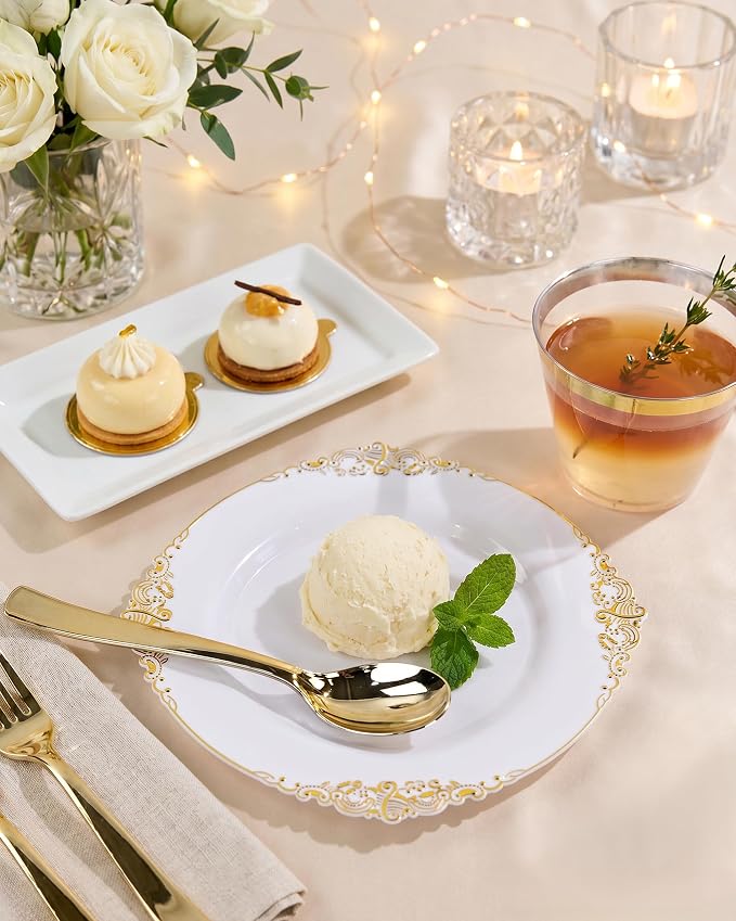 Nervure 600Pcs Gold Plastic Plates, Plastic Dinnerware Set - Image 5
