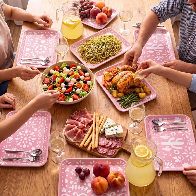 4 Pieces Mexican Serving Trays Pink Fiesta Melamine Platters Reusable Rectangle - Image 6