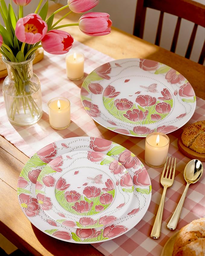 60 Pcs Disposable Plates, Pearl Trim | Elegant pink tulip & butterfly pattern - Image 4
