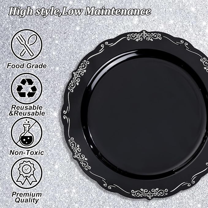 DaYammi 60PCS Black and Silver Plastic Plates, Heavy Duty Black and Silver - Image 5