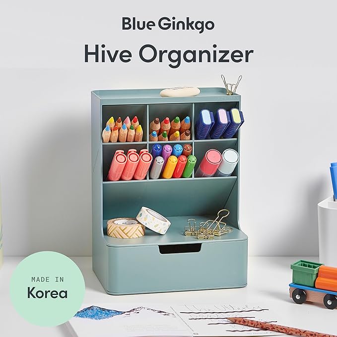 BLUE GINKGO Hive Pen Desk Organizer, Made in Korea | 6 Compartments. Full - Image 2