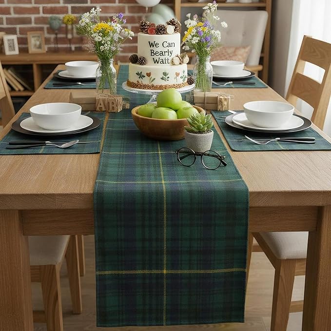 Gilprop 6 Pcs 72 x 13'' Tartan Plaid Bear Babyshower Table Runner Vintage - Image 4