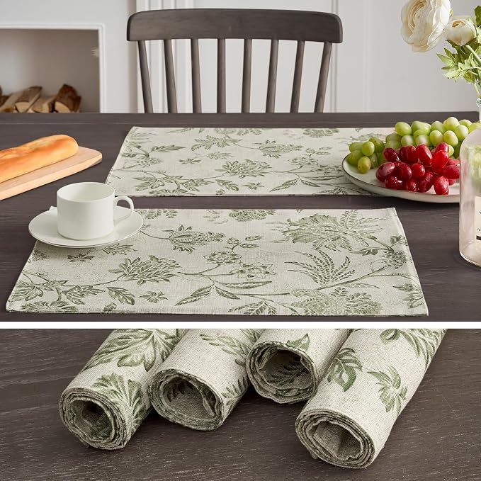 JINCHAN Sliva Linen Floral Placemats Set of 4 Farmhouse 13x19 Sage Green | - Image 3