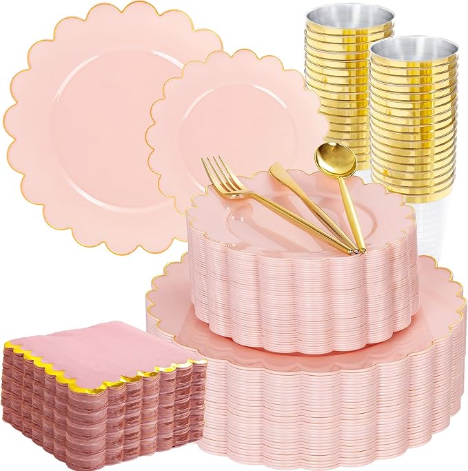LIYH 210pcs Pink Gold Scalloped Plastic Plates, Elegant Party Dinnerware | by LIYHLoveinyourheart