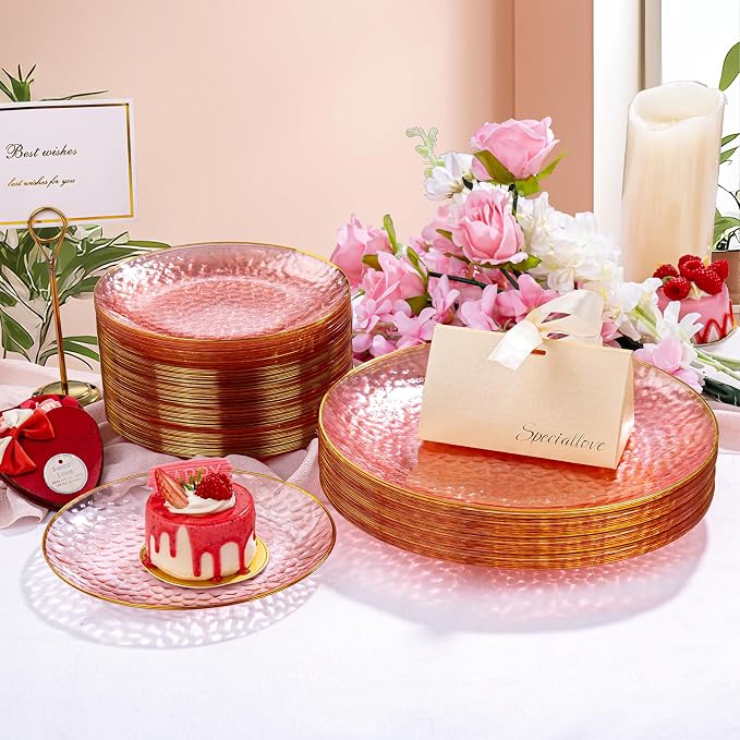 Rubtlamp 100Pcs Clear Pink Gold Plastic Plates, Hammered Plastic Plates Include - Image 6
