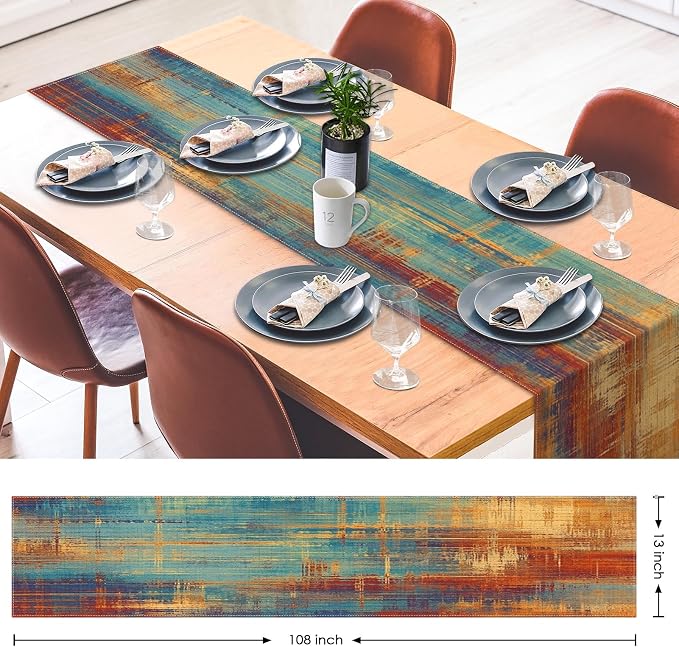Emvency Table Runner, 13x108 Inch, Abstract Vintage Blue | Rust Painting Dining - Image 2