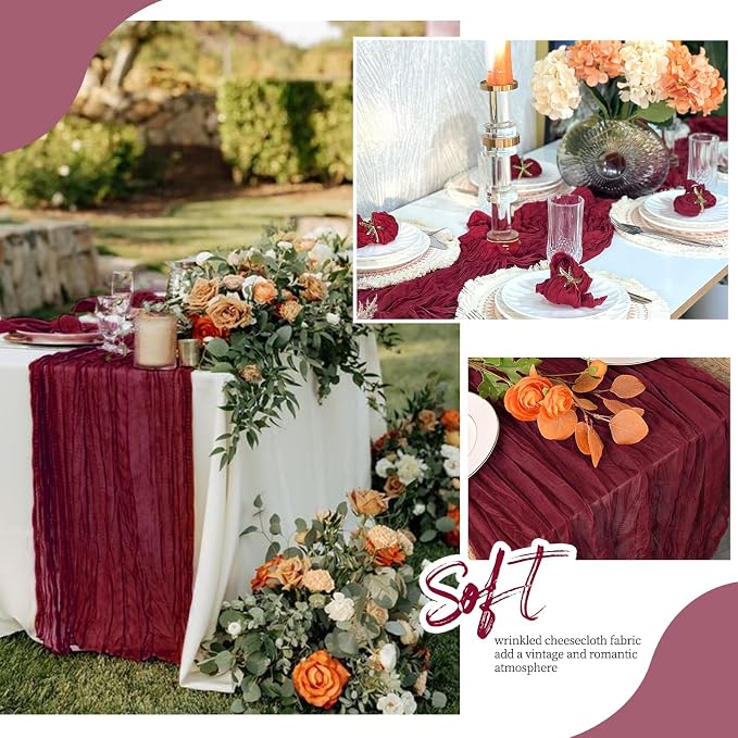 12 Pack Burgundy Cheesecloth Table Runner 17x108 Inch Semi Sheer Boho Gauze - Image 6