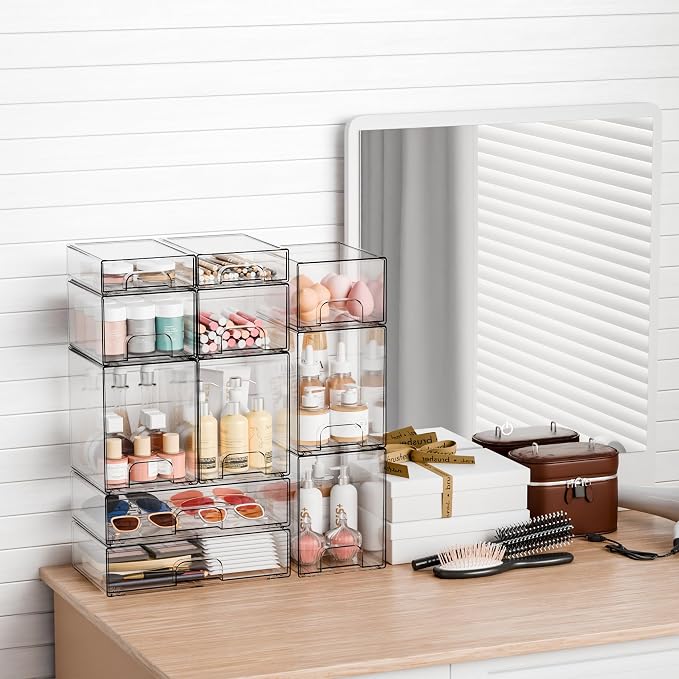 6 Pack Small Stackable Storage Drawers, 4.4 Inch Tall Stacking Acrylic Clear - Image 2