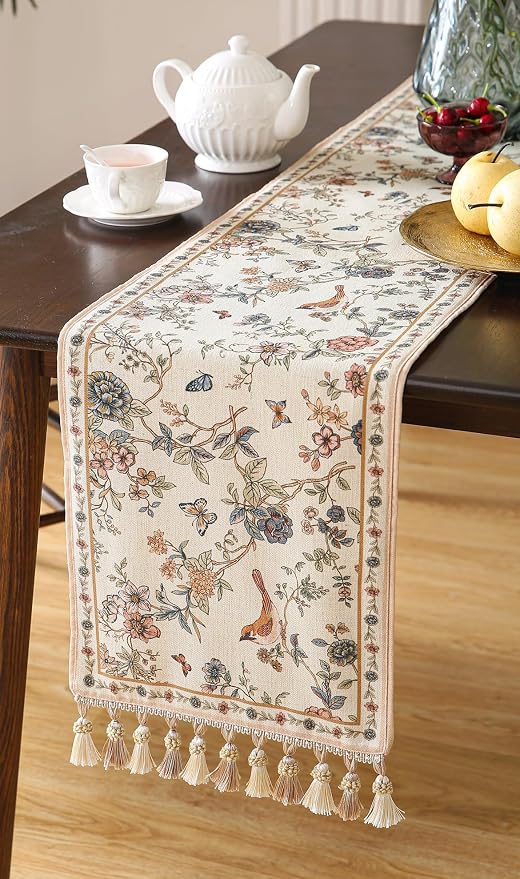Designer French Linen Long Table Runner, Floral Bird Pattern, Dining Table - Image 8