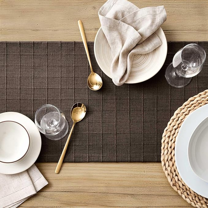Artisanal Grid Linen Table Runner, 13x36 Inches Chocolate | Heavy Textured - Image 5