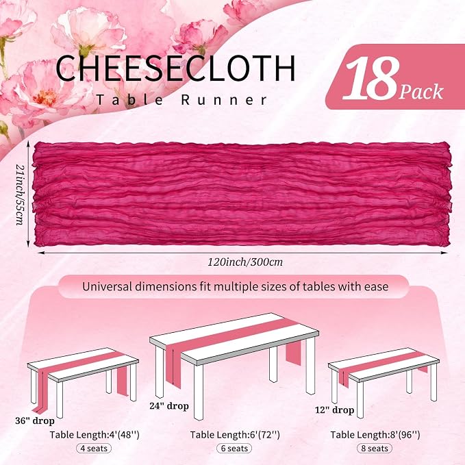 18 Pack Cheesecloth Table Runner 10FT Hot Pink Table Runner Boho Gauze Cheese - Image 2
