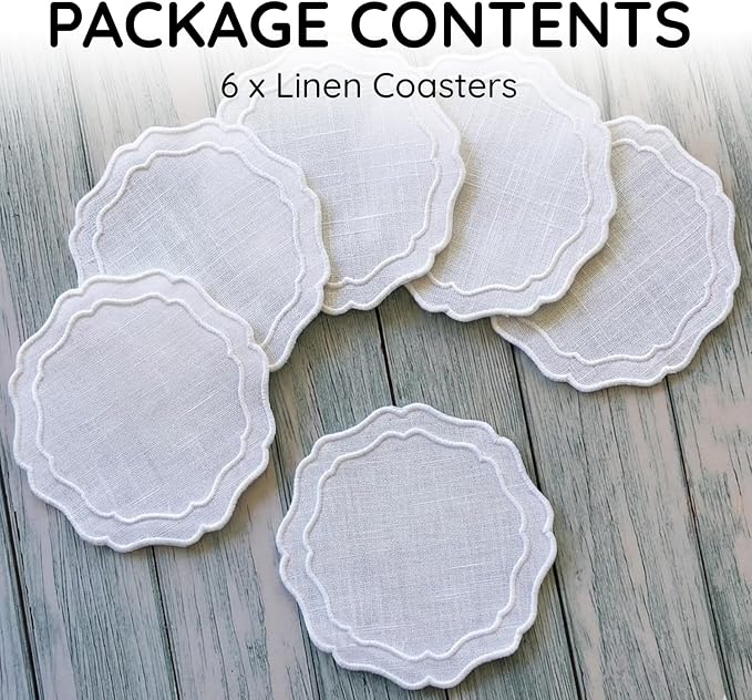 Linen Coasters for Drinks, 4.5 inch, Scalloped Edge, Reusable Handmade Coffee - Image 2