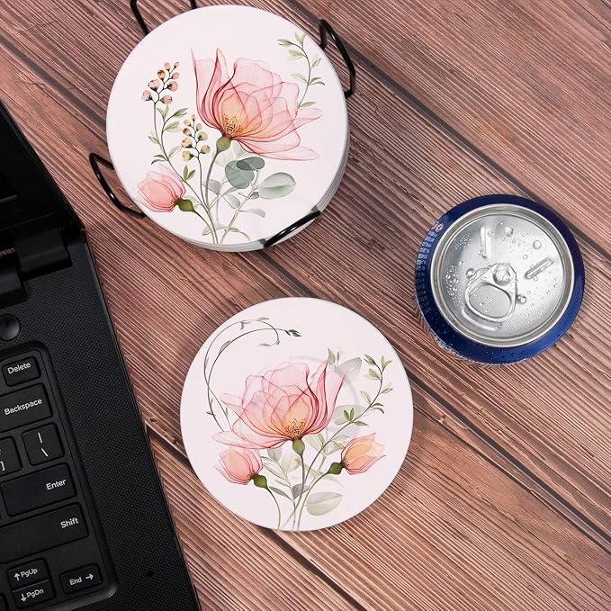 Drink Coasters for Drinks Set of 6, Watercolor X-ray Roses and Eucalyptus - Image 4