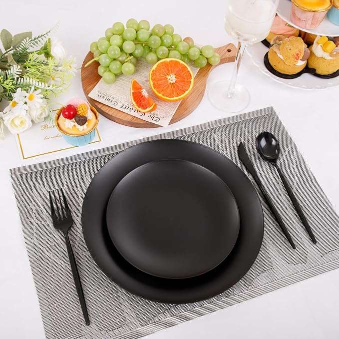 ejonirinjonir 150pcs Frosted Black Plastic Plates Plastic Plate - Image 2