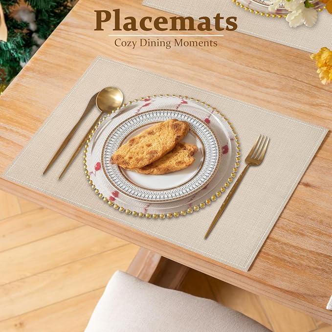 Bloss Beige Placemats Set of 4-12x18 Inch Washable Heat-Resistant Table Mats - Image 5