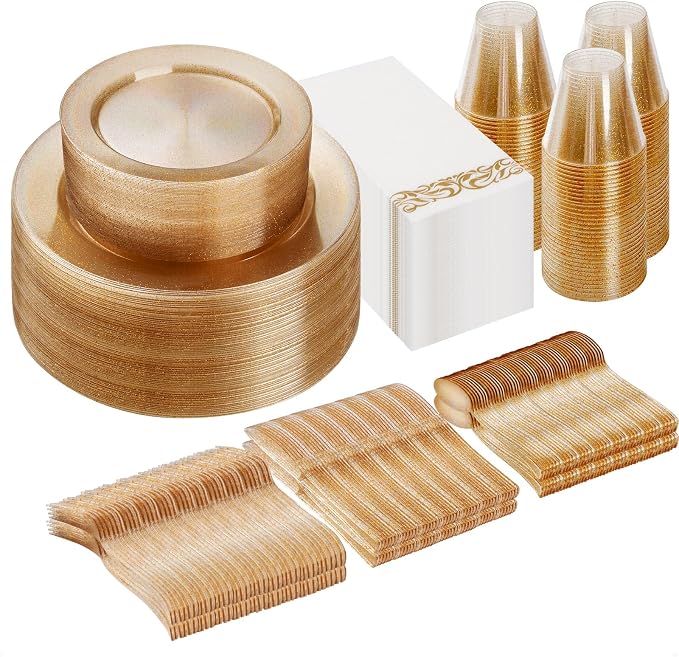 350 Pieces Gold Glitter Disposable Dinnerware Set by GoodLuck