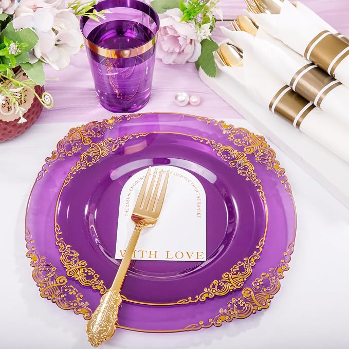 210 Pcs Purple Gold Plates for Party | Purple Party Plates Set for 30 Guests - Image 5