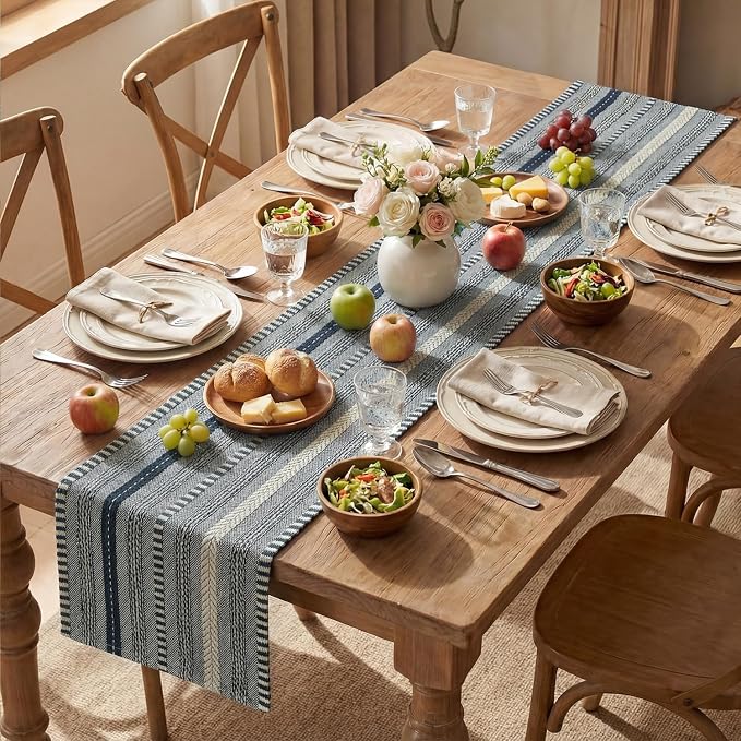 Artoid Mode Dark Blue Farmhouse Stripe Braided Table Runner 12x72 Inch | - Image 5