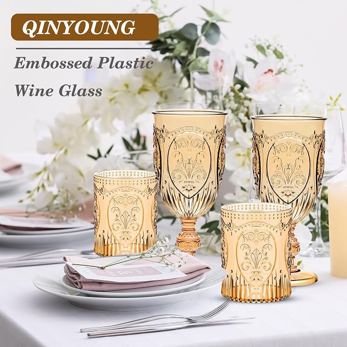 Qinyoung 48 Plastic Vintage Drinking Glasses 8.5oz Stemless Retro Embossed Wine - Image 7