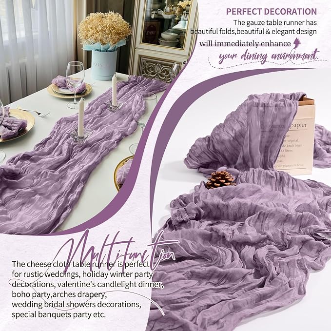 Showgeous 2 Pack Purple Cheesecloth Table Runners Boho Wedding Decor | Rustic - Image 6