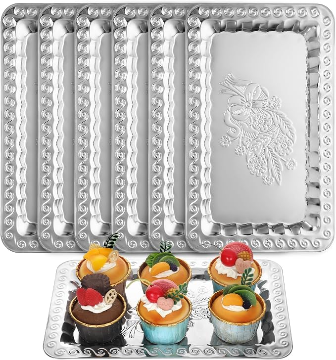 6 Pcs Silver Serving Trays, 13.8" x 8.7" Stainless Steel Rectangle Serving Tray by Unknown