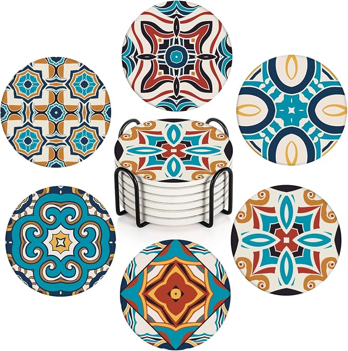 Coasters for Drinks, Ceramic Stone Moroccan Spanish | Ornate Absorbent Round by BRIBAY