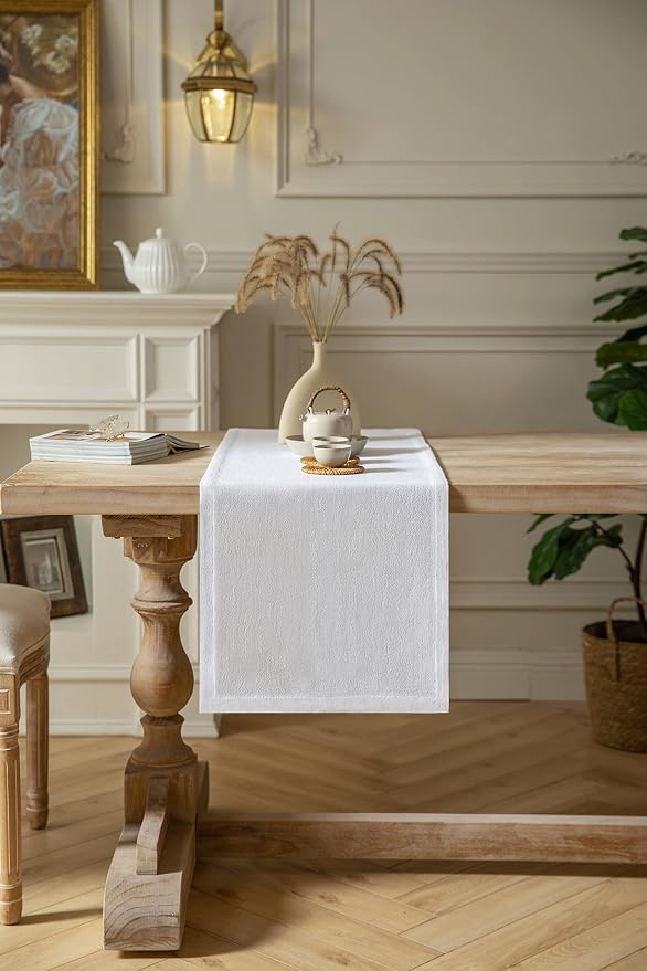 Burlap Style Farmhouse Table Runner, 14x60 Inches White | Thick Durable Fabric - Image 2