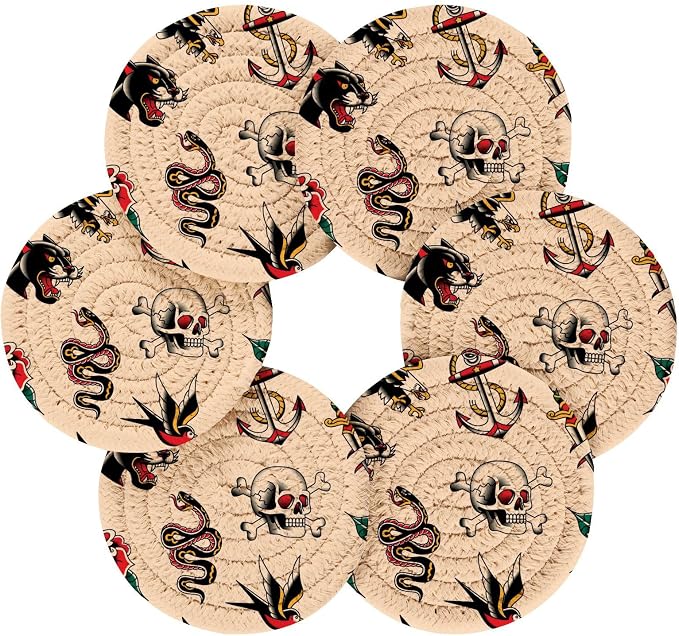YETTASBIN Old School Tattoo 6 Pcs Drink Coasters - Image 2