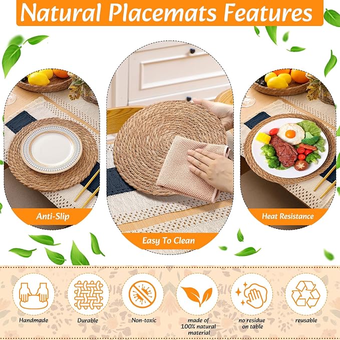 6 Sets Boho Decoration Placemats Round Woven Placemats, Cloth Napkins, Wood - Image 6