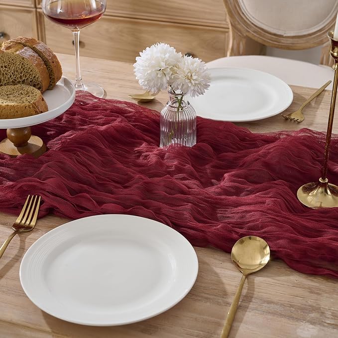 12 Pack Burgundy Red Cheesecloth Table Runners, 120 Inch 10Ft Wine Red Gauze - Image 2