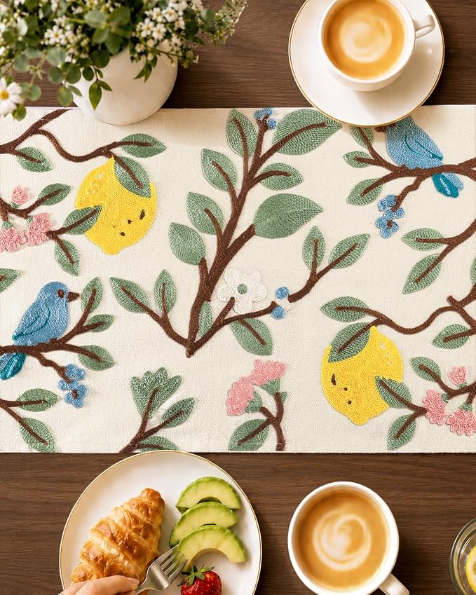 Canvas Embroidered Narrow 13"x 36" Table Runner, Lemon Bird | Exquisite - Image 3