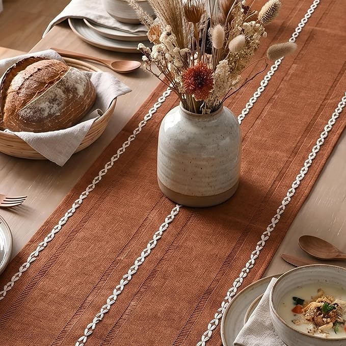 Artoid Mode Caramel Rustic Cotton Linen Table Runner, Seasonal Fall Embroidered - Image 4